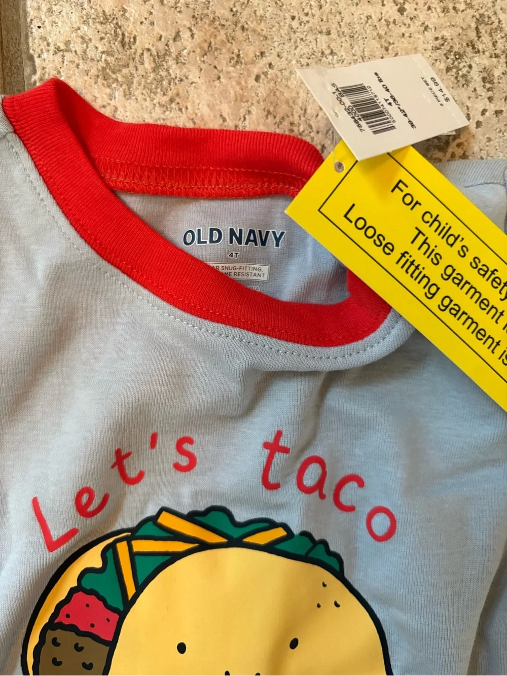 Kids Gray Taco-Print Pajama Set with Red Collar 4t